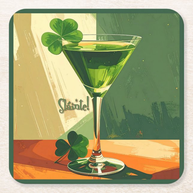 Posavasos Cuadrado De Papel Mid Century Modern Shamrock Martini Sláinte!  (Anverso)