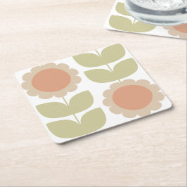 Posavasos Cuadrado De Papel  Mid-Century Pastel Pink Retro Floral Pattern