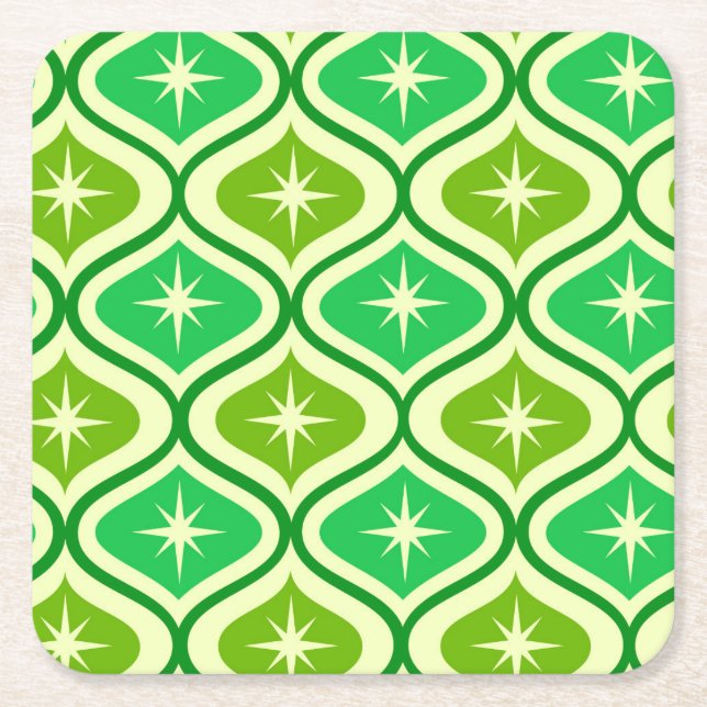 Posavasos Cuadrado De Papel Mid Century Retro Starbursts On Green Ogee Pattern (Anverso)
