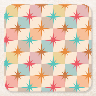 Posavasos Cuadrado De Papel Mid Century Starbursts on Pastel Checkerboards 