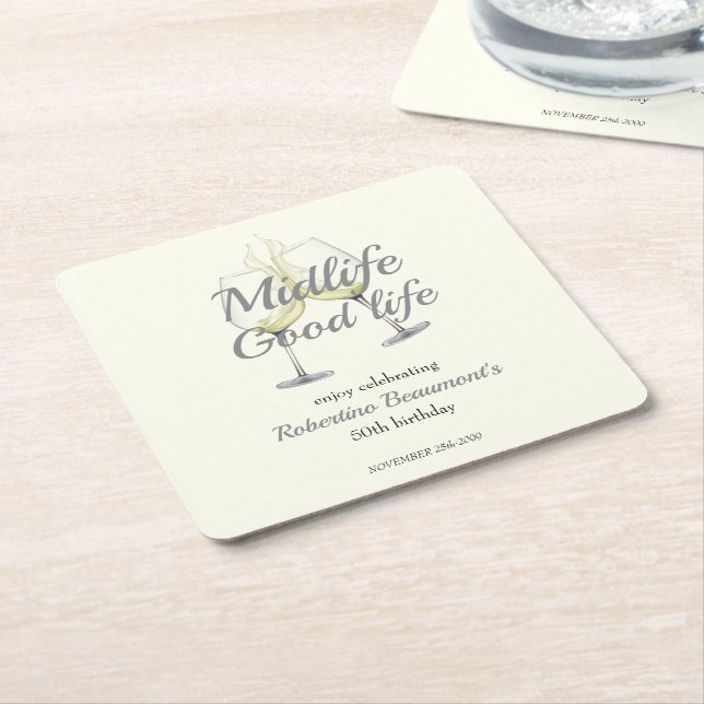 Posavasos Cuadrado De Papel Midlife Good Life Elegant Wine Glass 50th Birthday (En perspectiva)