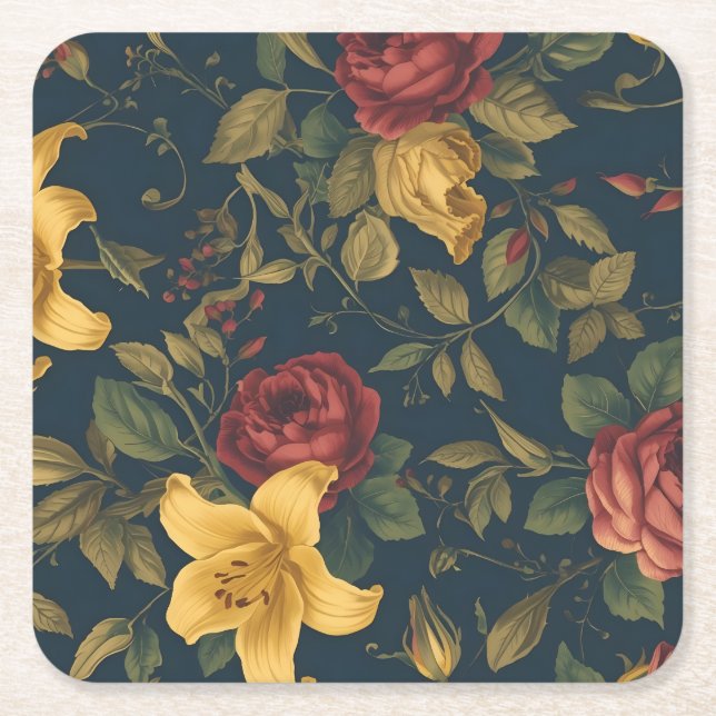 Posavasos Cuadrado De Papel Midnight Victorian Floral – Yellow Lilies & Roses  (Anverso)