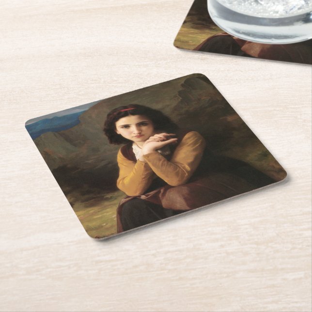 Posavasos Cuadrado De Papel Mignon Innocence of Adolescent Chica, Bouguereau (En perspectiva)