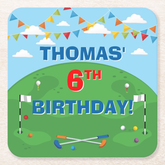 Posavasos Cuadrado De Papel Mini Golf Putt Putt Boys Fiesta de cumpleaños (Anverso)