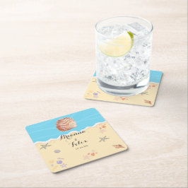 Posavasos Cuadrado De Papel Minimal Blue Ocean Summer Wedding