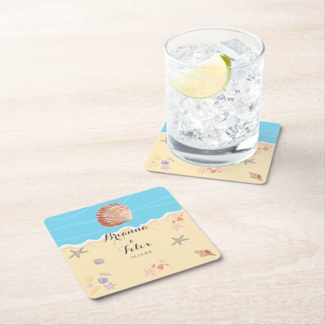 Posavasos Cuadrado De Papel Minimal Blue Ocean Summer Wedding (In situ)