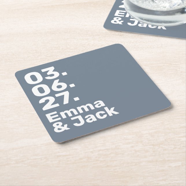 Posavasos Cuadrado De Papel Minimal grey bold modern wedding date and names (En perspectiva)