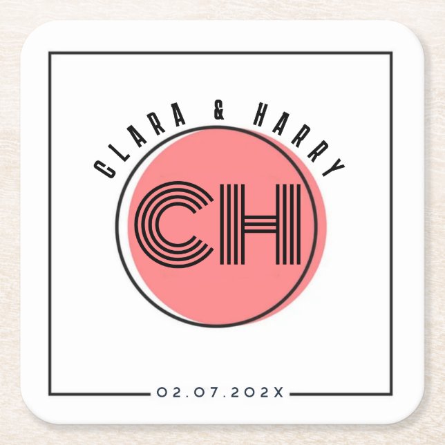 Posavasos Cuadrado De Papel Minimal retro monogram initials Wedding  (Anverso)