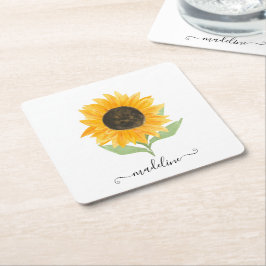 Posavasos Cuadrado De Papel Minimal Rustic Sunflower Personalized Name Script