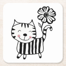 Minimalist Cute Cat with Flower on Tail Decorative