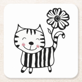 Posavasos Cuadrado De Papel Minimalist Cute Cat with Flower on Tail Decorative