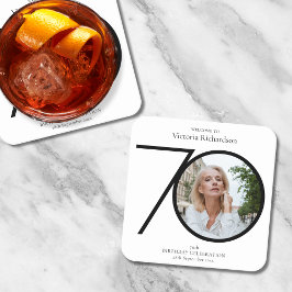 Posavasos Cuadrado De Papel Minimalista blanco negro foto 70 cumpleaños