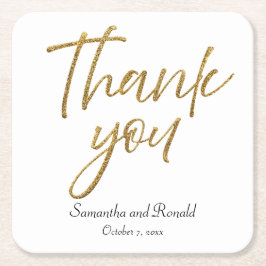 Posavasos Cuadrado De Papel Minimalista de oro y blanco Gracias Boda