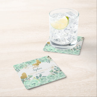 Posavasos Cuadrado De Papel Mint Gold Floral Mariposa Quinceañera