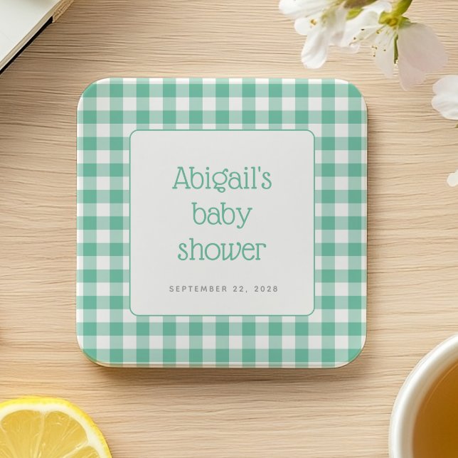 Posavasos Cuadrado De Papel Mint Green Gingham Check Rustic Baby Shower (Subido por el creador)