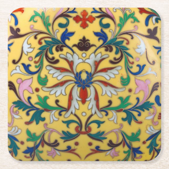 Posavasos Cuadrado De Papel Minton de la flor amarilla retro Tile botánico (Anverso)