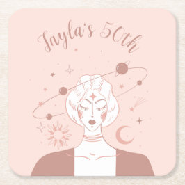 Posavasos Cuadrado De Papel Misítico Universo 50 cumpleaños Musk Pink Coasters