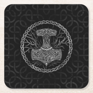 Posavasos Cuadrado De Papel Mjolnir - El martillo de Thor y el árbol de la vi
