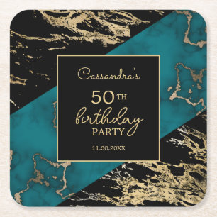 Posavasos Cuadrado De Papel Moda Cyan Marble Relieve metalizado dorado Pintura