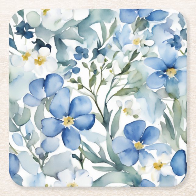 Posavasos Cuadrado De Papel Moda de acuarela de las flores blancas azules (Anverso)