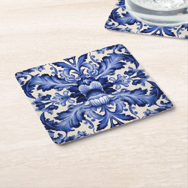 Posavasos Cuadrado De Papel Moda elegante Flor azul Delfware Blue (En perspectiva)