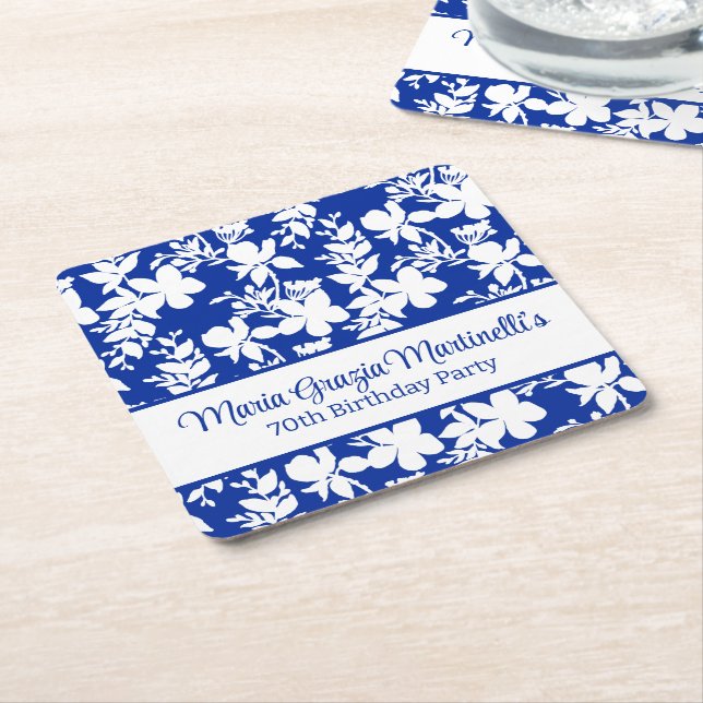 Posavasos Cuadrado De Papel Moda elegante Patrón floral azul blanco (En perspectiva)