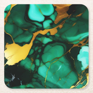 Posavasos Cuadrado De Papel Moda Elegante verde oscuro dorado Faux Marble