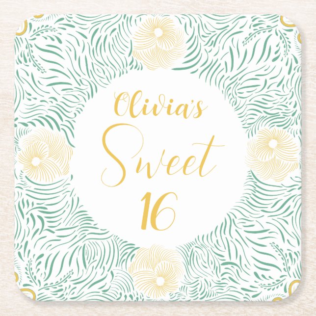 Posavasos Cuadrado De Papel Moda moderna Boho Floral Sweet 16 fiesta de cumple (Anverso)