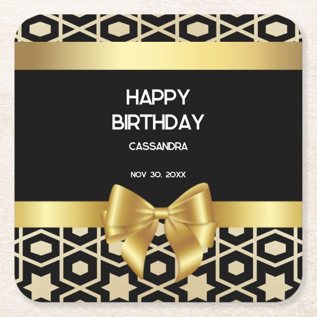 Posavasos Cuadrado De Papel Moda Oro Egipto Geométrico Oro Bow Feliz Cumpleaño (Anverso)