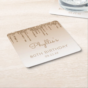 Posavasos Cuadrado De Papel Moda Oro Purpurina Drip 80 cumpleaños