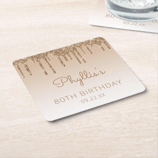 Posavasos Cuadrado De Papel Moda Oro Purpurina Drip 80 cumpleaños (En perspectiva)