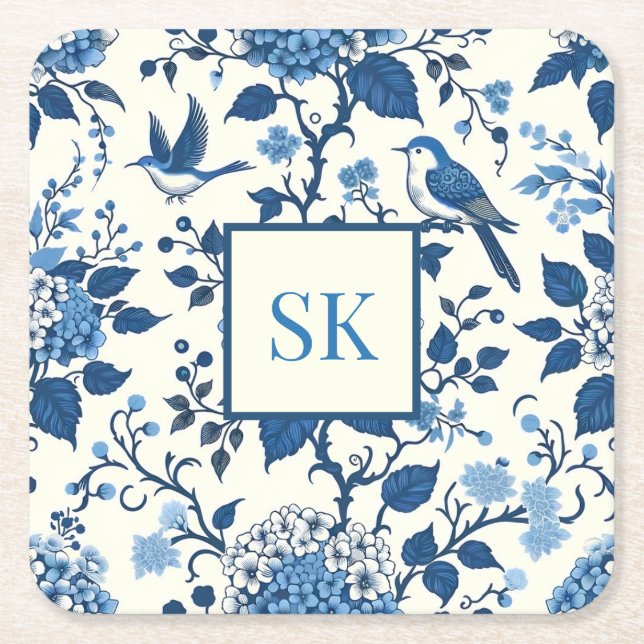 Posavasos Cuadrado De Papel Moda personalizado Monogram Chinoiserie, Hydrangea (Anverso)