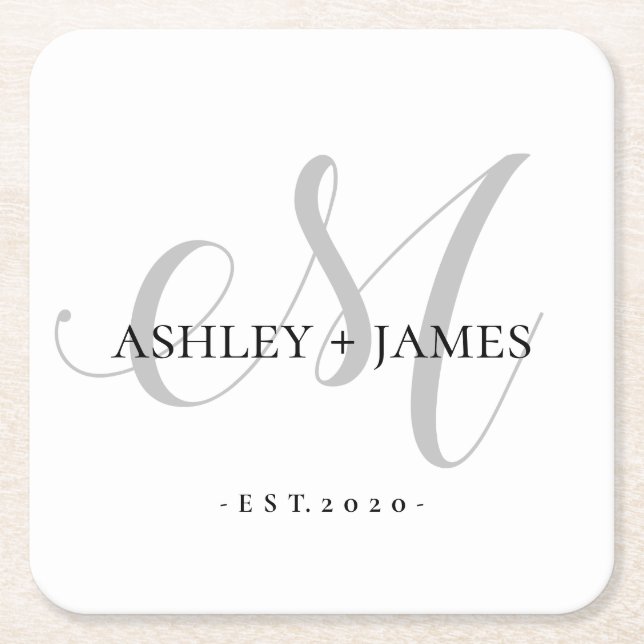 Posavasos Cuadrado De Papel Moda Plata M Monograma Nombre de guión Boda Fecha (Anverso)