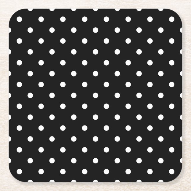 Posavasos Cuadrado De Papel Moda Polka blanco pequeño pega fondo negro (Anverso)