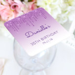 Posavasos Cuadrado De Papel Moda Purpurina Azul goteo 30 Fiesta de cumpleaños<br><div class="desc">Estas taras de papel fiesta de 30 años de la moda presentan un borde de goteo de imitación de purpurina morado brillante y un fondo morado. Personalízalos con el nombre del invitado de honor en escritura a mano morada,  con su cumpleaños y fecha debajo en letra sans serif.</div>