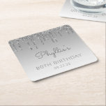 Posavasos Cuadrado De Papel Moda Silver Purpurina Drip 80 cumpleaños<br><div class="desc">Estas tardes de papel de la fiesta de cumpleaños número 80 de la moda presentan un purpurina de imitación brillante de color plata con borde de goteo y fondo sombrío plateado. Personalízalos con el nombre del invitado de honor en escritura a mano gris, con su cumpleaños y fecha debajo en...</div>