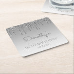 Posavasos Cuadrado De Papel Moda Silver Purpurina Drip 90 cumpleaños<br><div class="desc">Estas tardes de papel de la fiesta de cumpleaños número 90 de la moda presentan un purpurina de imitación brillantemente plateado con borde de goteo y fondo sombrío plateado. Personalízalos con el nombre del invitado de honor en escritura a mano gris, con su cumpleaños y fecha debajo en letra sans...</div>