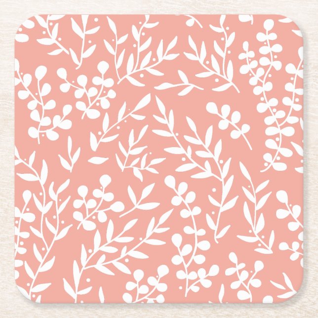 Posavasos Cuadrado De Papel Modalidad floral simple de granjas en rosa (Anverso)