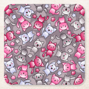 Posavasos Cuadrado De Papel modelo con los gatos lindos del doodle del kawaii