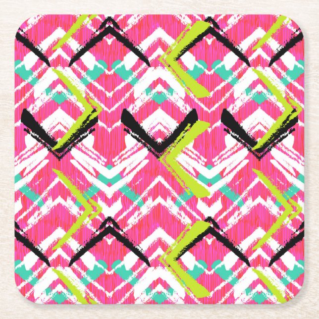Posavasos Cuadrado De Papel Modelo de zigzag rosado dibujado mano (Anverso)