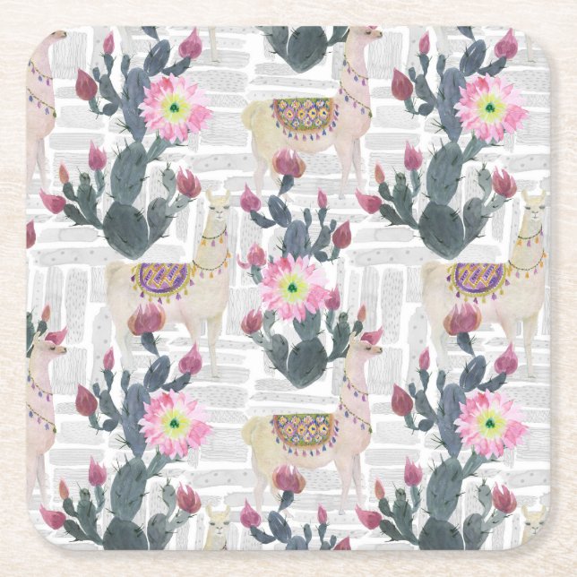 Posavasos Cuadrado De Papel Modelo del cactus de la acuarela (Anverso)