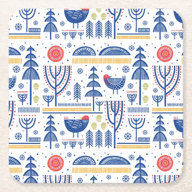 Posavasos Cuadrado De Papel Modelo del pájaro del invierno del arte popular (Anverso)