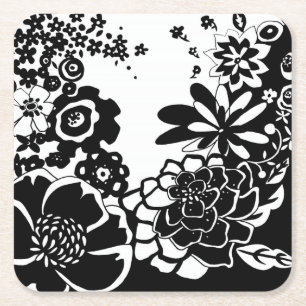 Posavasos Cuadrado De Papel Modelo floral blanco y negro del gráfico del