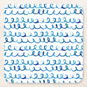 Posavasos Cuadrado De Papel Modelo ondulado de la acuarela azul pintada a mano