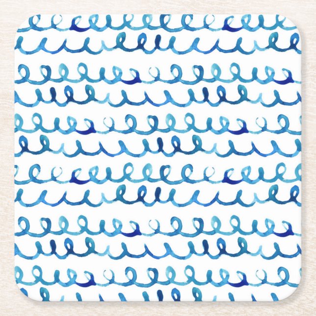 Posavasos Cuadrado De Papel Modelo ondulado de la acuarela azul pintada a mano (Anverso)