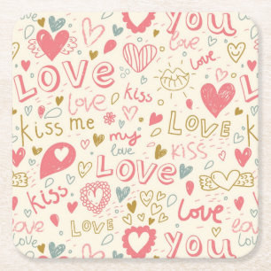 Posavasos Cuadrado De Papel Modelo romántico con los corazones y los labios