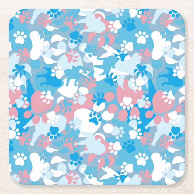 Posavasos Cuadrado De Papel Modelo rosado y azul del perro del camuflaje (Anverso)
