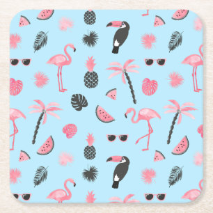 Posavasos Cuadrado De Papel Modelo tropical del verano rosado y azul