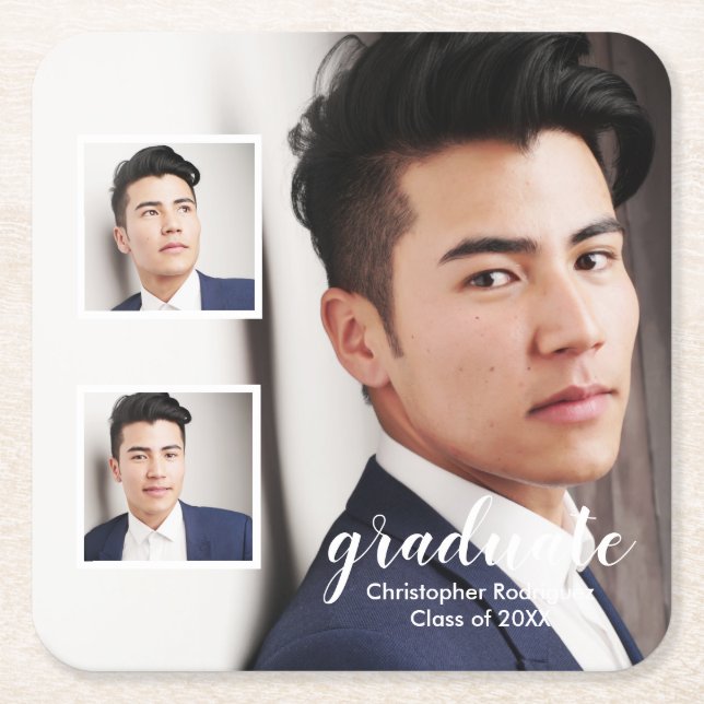 Posavasos Cuadrado De Papel Modern 3 Photo Graduation (Anverso)