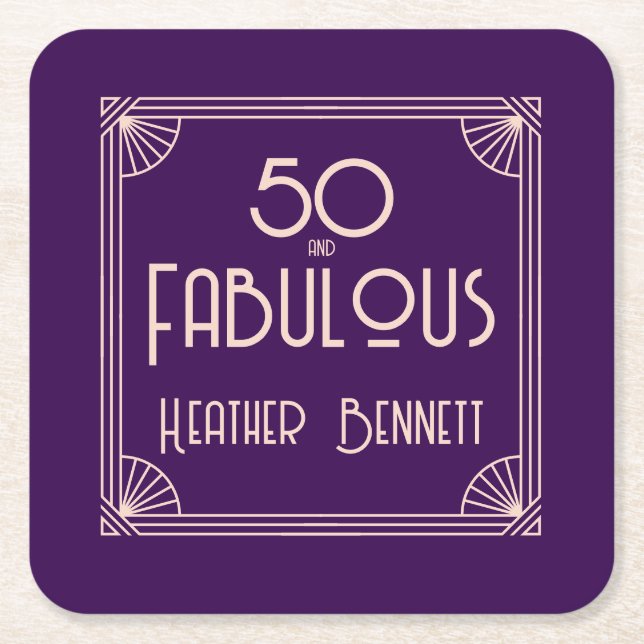 Posavasos Cuadrado De Papel Modern Art Deco 50 and Fabulous Birthday (Anverso)